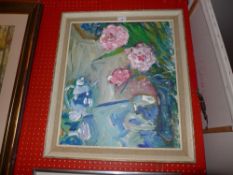 A contemporary oil on board of a blue teapot and roses by O. R. Rey signed and dated 14 details to