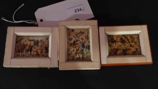 Three Ottoman/Persian paintings on ivory of hunting and battles in ivory frames