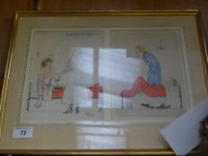 An original satirical illustration titled ''Susie Pours Coffee Out'' signed Denis Cowles