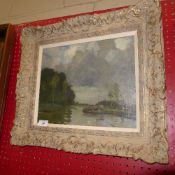 A Bertram Priestman oil on board titled ''River Barge'' circa 1910 in swept frame