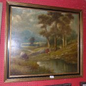 An oil on canvas mountainous landscape w