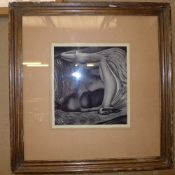 A surrealist female nude print framed an
