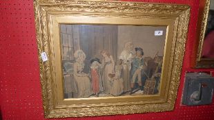 A watercolour interior scene with figures and oil on board portrait