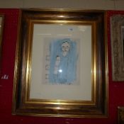 A Bridget Davies ink and gouache portrait study with music sheet behind signed