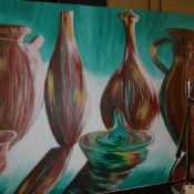 An Anthony Barton oil on canvas still life of jugs and vases initialled bottom left verso