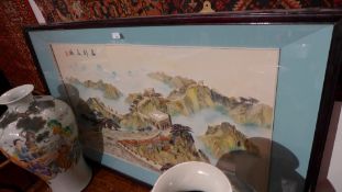 A Chinese semi precious stone landscape collage in relief of large size glazed and framed