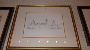 A contemporary pencil study skyline of London including St Paul's Catherdral and the Gherkin by