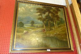 An oil on canvas mountainous landscape with cattle in the fore signed lower right