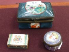 A porcelain snuff box with pond life reserve, Georgian pill box and a Vesta case