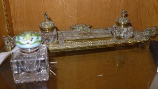 A cut glass inkwell with guilloche lid a