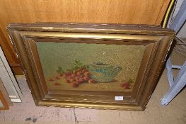 An oil on canvas still life, fruit, pair prints and others