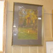 A framed and glazed pastel drawing of a tulip tree (Paulownia Tomentosa) in the garden of the