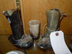 A pair of horn shrimp and crab vases and a small horn beaker