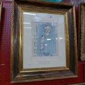 A Bridget Davies ink and gouache portrait study with music sheet behind signed