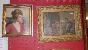 A watercolour interior scene with figures and oil on board portrait