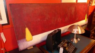 A 1990's unframed oil on canvas still life of two pears on a red background by Julian Paltenghi