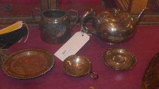 A Walker and Hall  silver plated teapot together with a silver plated tea strainer a twin handled