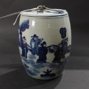 A Chinese lidded ginger jar decorated with blue and white pictorial reserves
