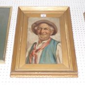 An oil on board portrait of a man in a pine frame