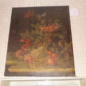 A Flemish school unframed oil on canvas still life of fruit and flowers indistinctly signed to the