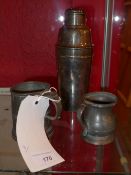 An Art Deco Mappin and Webb silver plated cocktail shaker together with two old pewter tankards