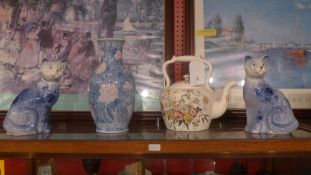 A pair of Arthur Wood pottery cats together with a Spode tea pot and a vase (3)