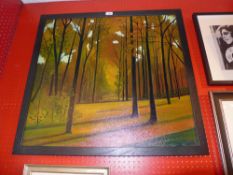 An oil on canvas Autumnal woodland scene by Brian Baldwin in painted frame