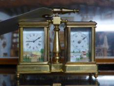 A French design gilt metal dual carriage time piece with porcelain panel