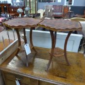 A pair of C20th oyster veneered gallery top wine tables (a/f)