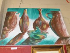 An Anthony Barton oil on canvas still life of jugs and vases initialled bottom left verso