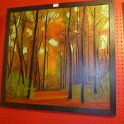 An oil on canvas autumnal pathway in Hig