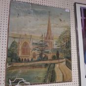 An unframed naive oil on canvas of Snettisham church in Norfolk signed E. W. Birch 1909