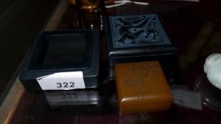 A Chinese soapstone seal within carved soapstone box with a mythical beast in relief to the lid