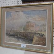 A mid C20th English impressionist oil on board harbour scene with figures looking on a gilt and