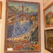 A C20th Russian oil on canvas landscape study of construction of an oil rig (details in cyrillic