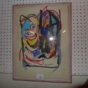 A naive glazed and framed coloured crayon study