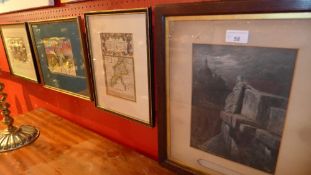 A glazed and framed C19th engraving together with a map of Carnarvan Shire, a watercolour and