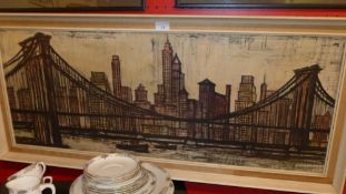 A Bernard Buffet print on canvas landscape of Brooklyn in painted frame