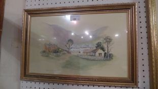 A watercolour landscape of a rural village signed and dated Holloway 84 together with a print by