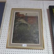 A mid C20th oil on board of a lady in pensive mood standing by a wall in a gilt frame
