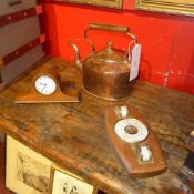 A small oak mantel clock a similar barometer and a copper kettle