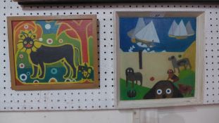 A naive oil on board 'Beach Dogs' in a painted frame by Elizabeth Sumpter and another of a lion