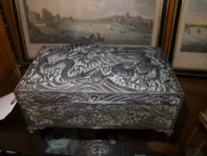 Two silver Albert chains, brooch and a Japanese white metal jewellery casket