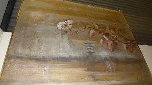 An oil on canvas of Oriental scene with temple and butterfly, signed Lee Reynolds