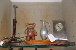 A Bakelite table lamp together with a pewter jug and other items