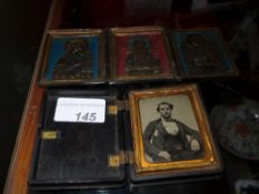 A Victorian photograph miniature in gilt frame and velour lined case together with a brass
