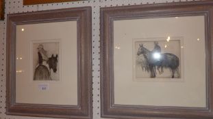 A pair of artist proofs study of jockeys monogrammed M.B. glazed and framed
