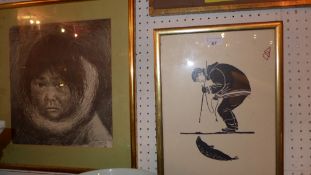 A glazed and framed print of an Inuit ice fishing together with a print portrait of an Inuit and a