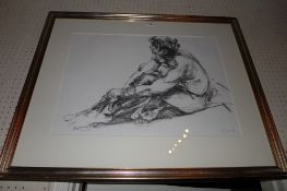 A Frances Sander charcoal study of a nude in artists pose glazed and framed