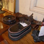 A collection of carved wooden stands and similar items including Oriental antique examples